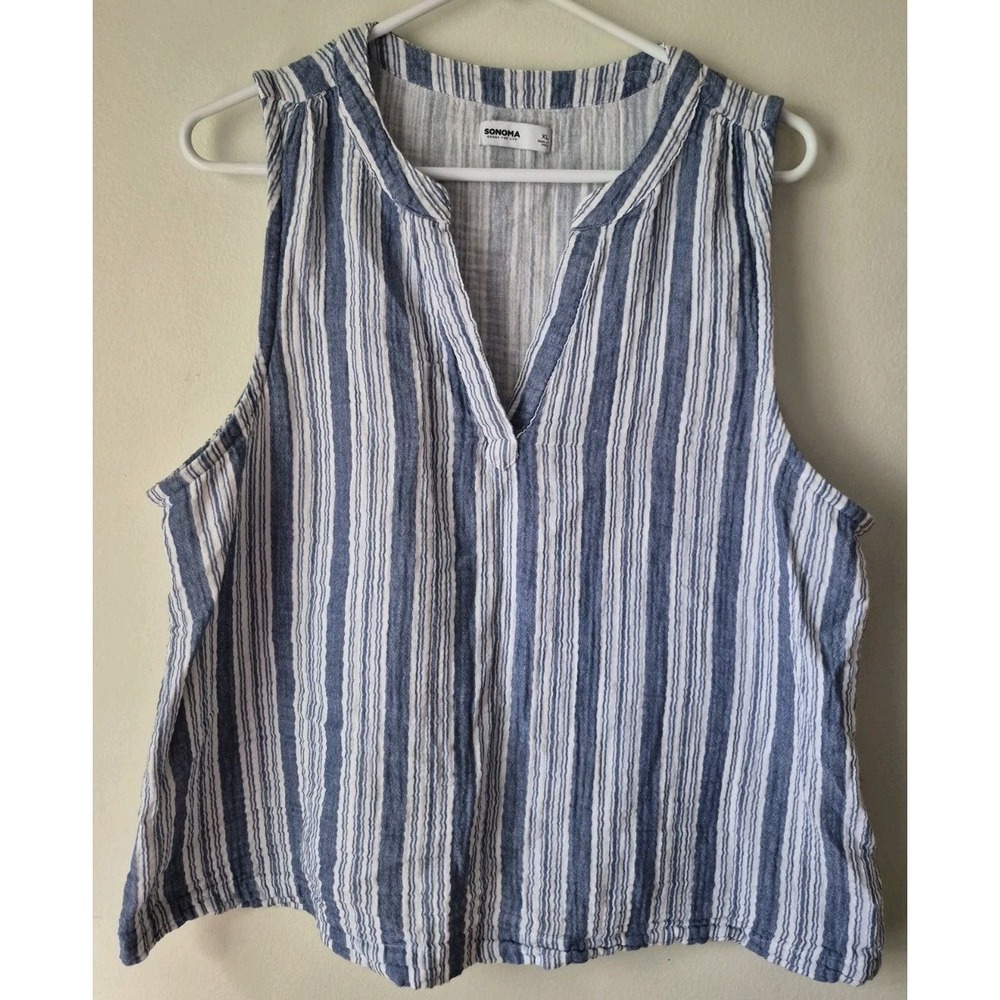 Sonoma Goods Vertical Stripe V-neck Tank Blue/White 100% Cotton Size XL